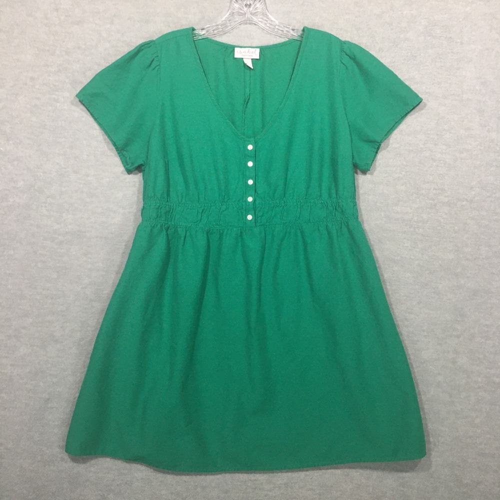Isabel Maternity L Short Green Dress Empire Stretch Waist Short Sleeve V-Neck